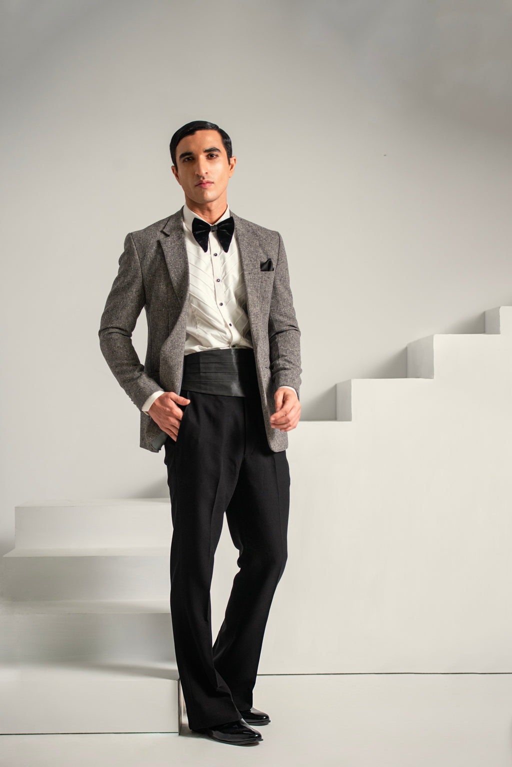 Grey Texture Coat & Black Bell Bottom Pant For Men's