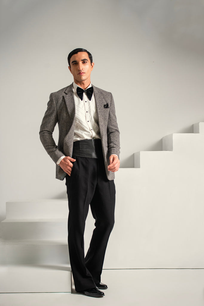 Grey Texture Coat & Black Bell Bottom Pant For Men's