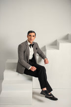 Grey Texture Coat & Black Bell Bottom Pant For Men's