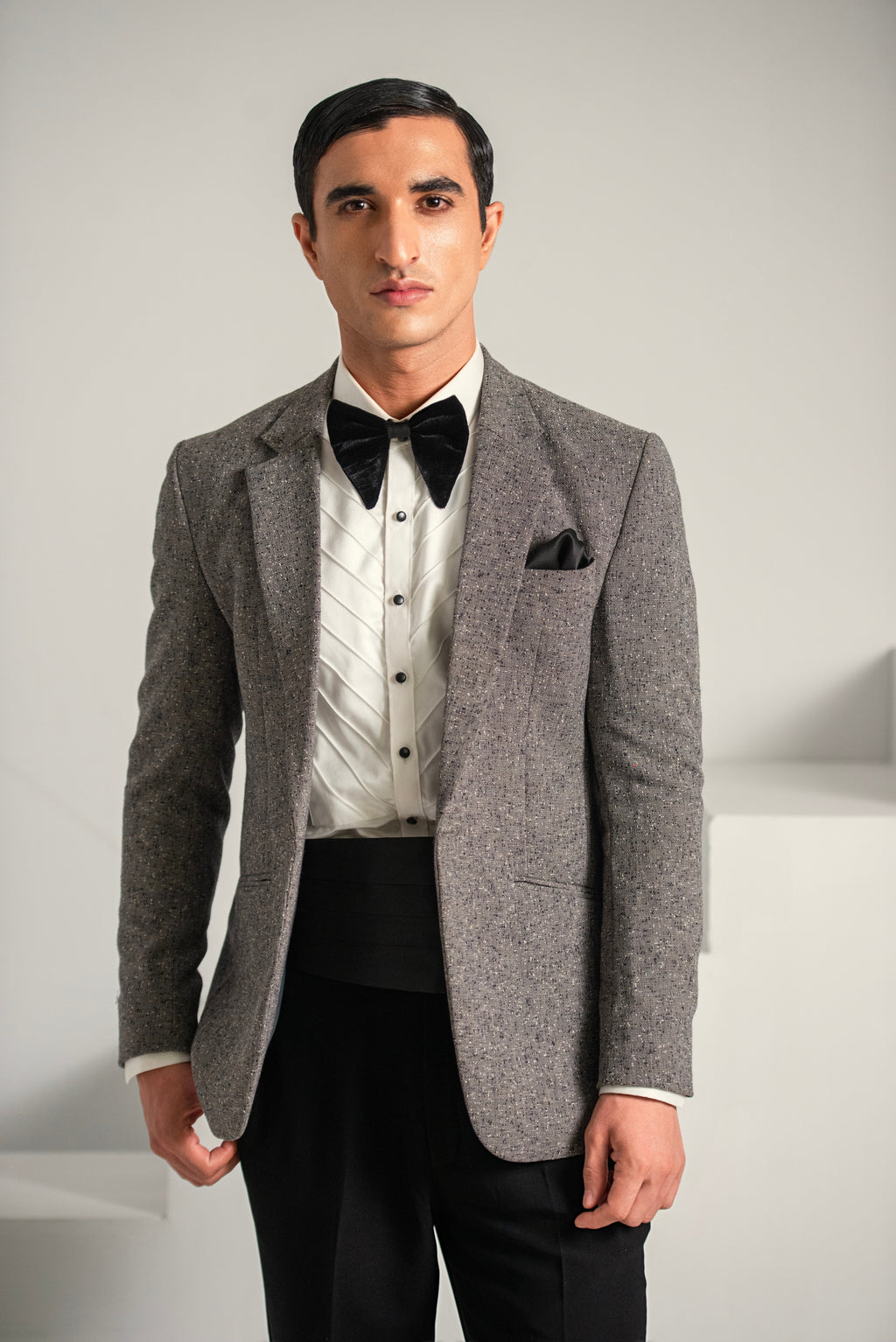 Grey Texture Coat & Black Bell Bottom Pant For Men's