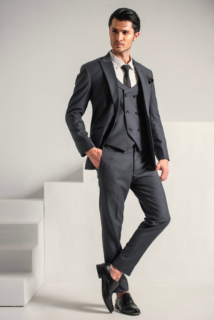 Grey Elegant Coat Pant & Waistcoat For Men's