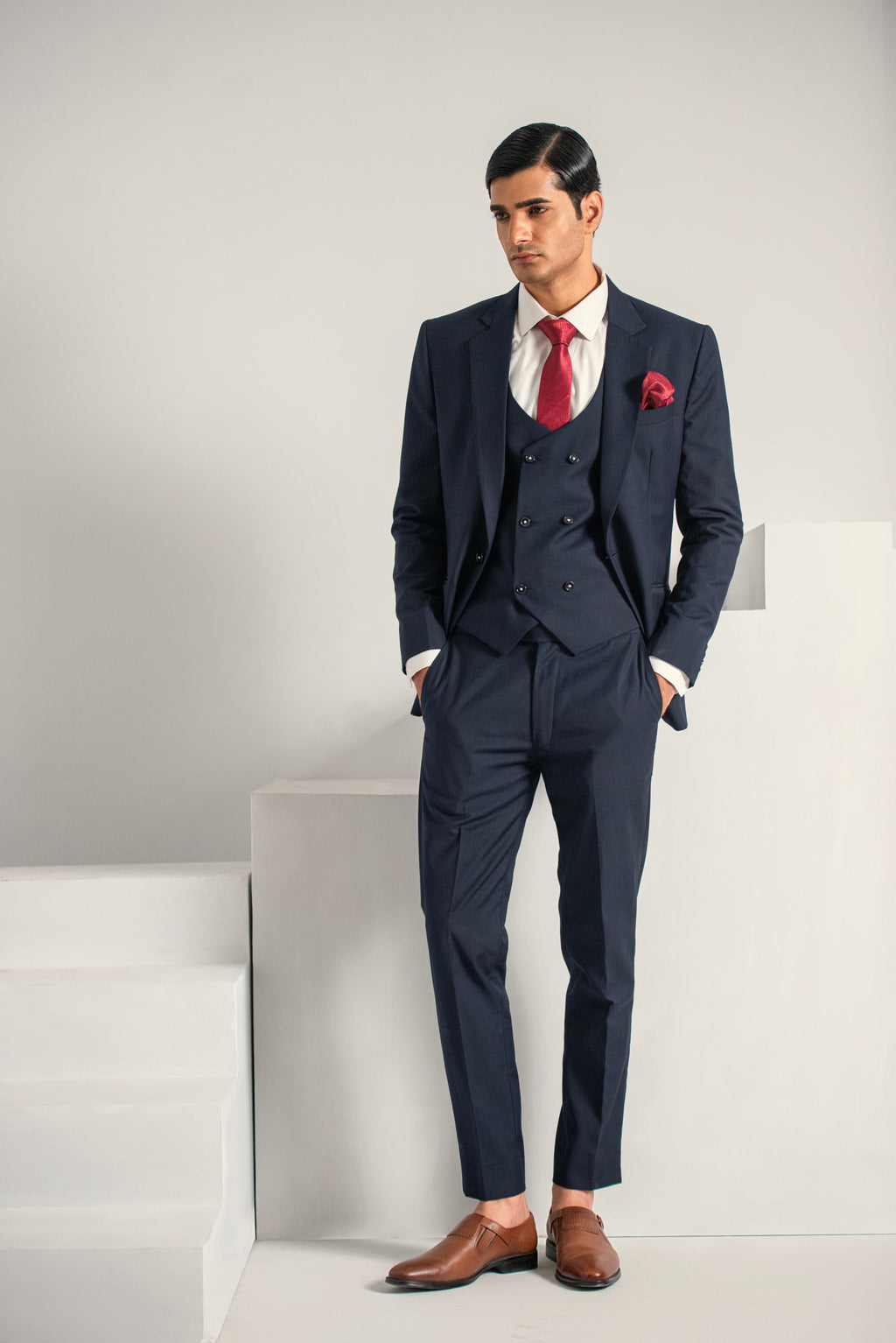 Navy Blue Elegant Coat Pant &  Waistcoat For Men's
