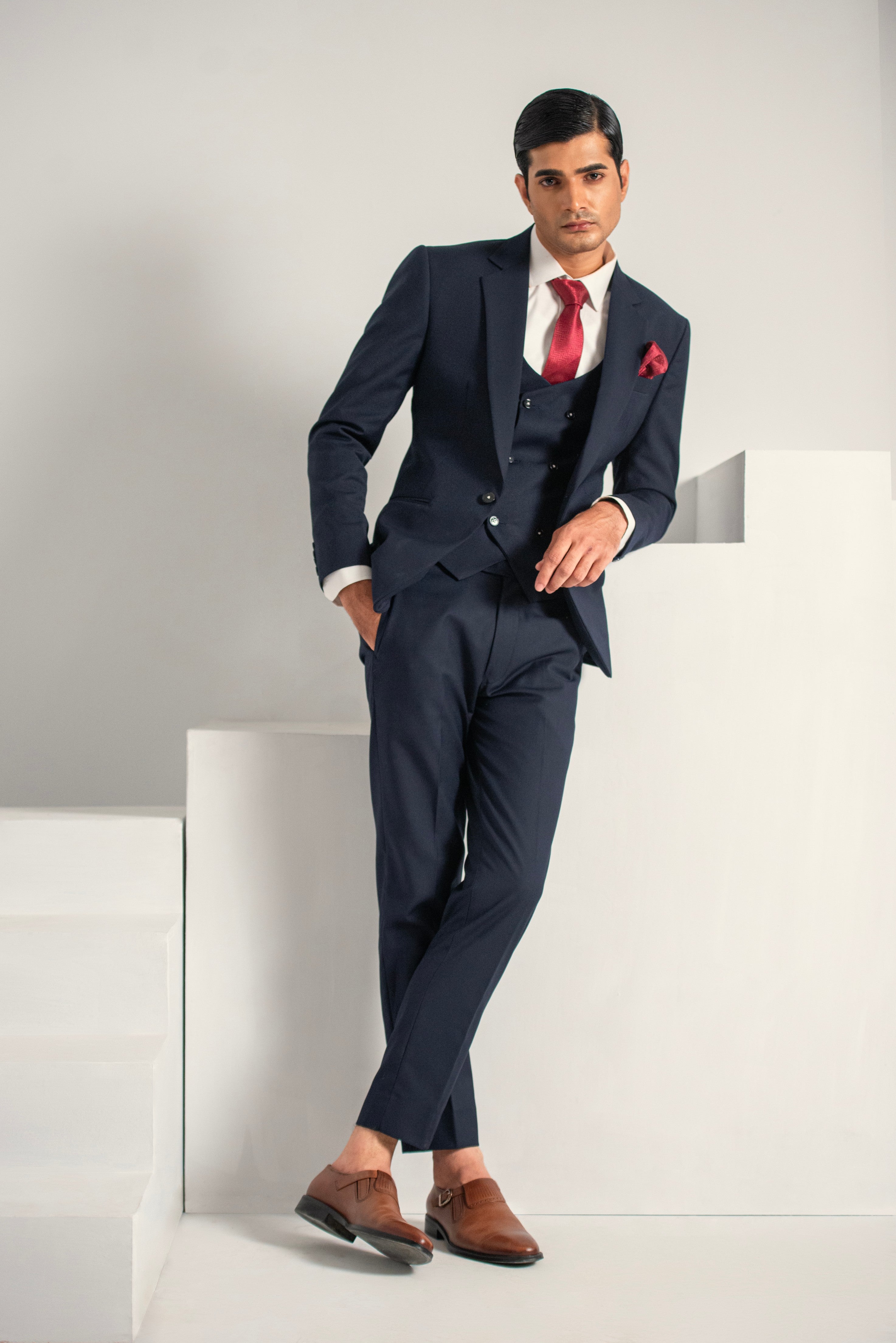 Navy Blue Elegant Coat Pant &  Waistcoat For Men's