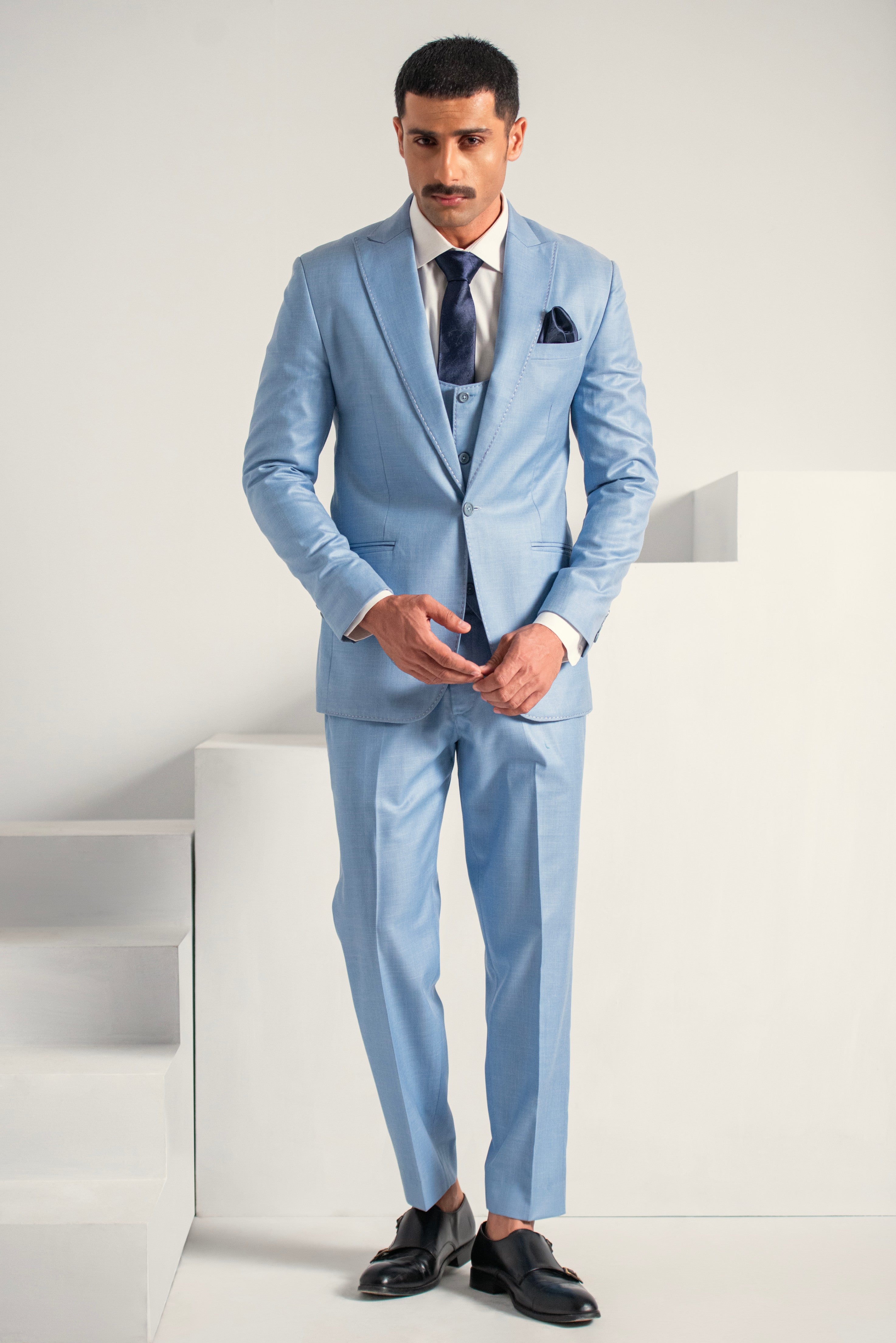 Ice Blue Elegant Coat Pant &  Waistcoat For Men's Main image