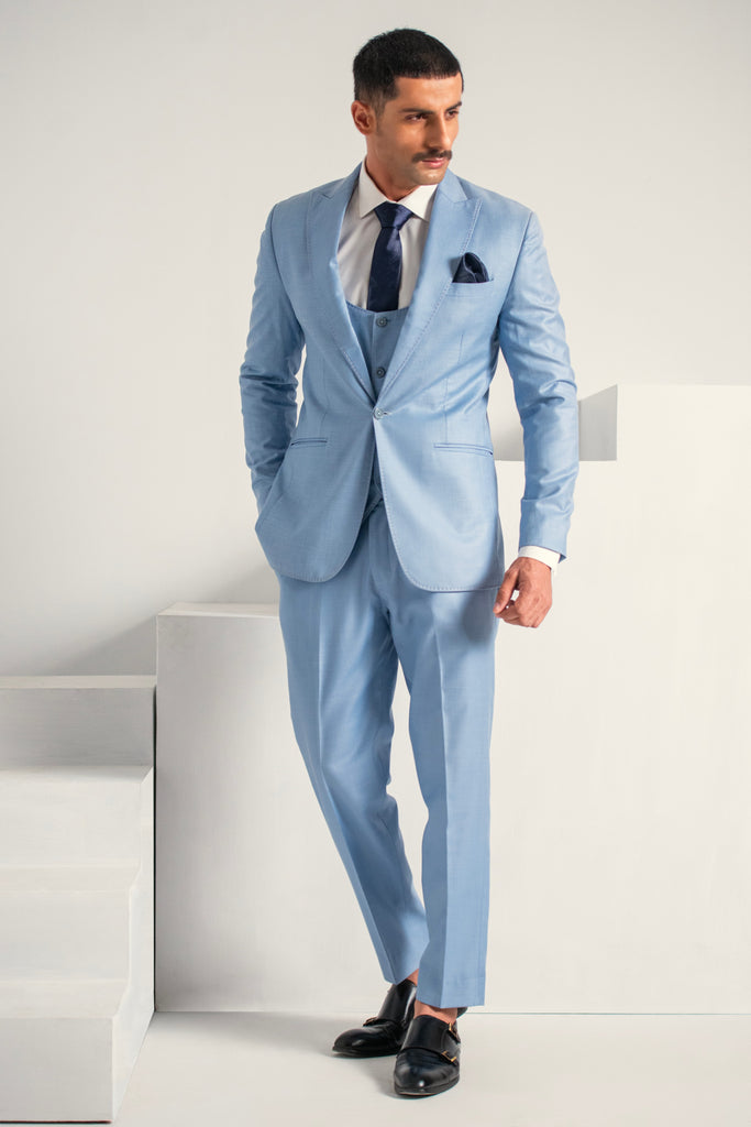 Ice Blue Elegant Coat Pant &  Waistcoat For Men's