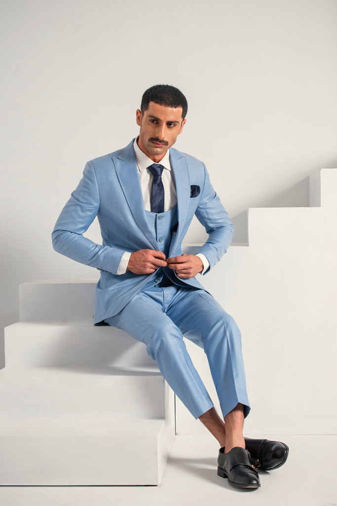 Ice Blue Elegant Coat Pant &  Waistcoat For Men's