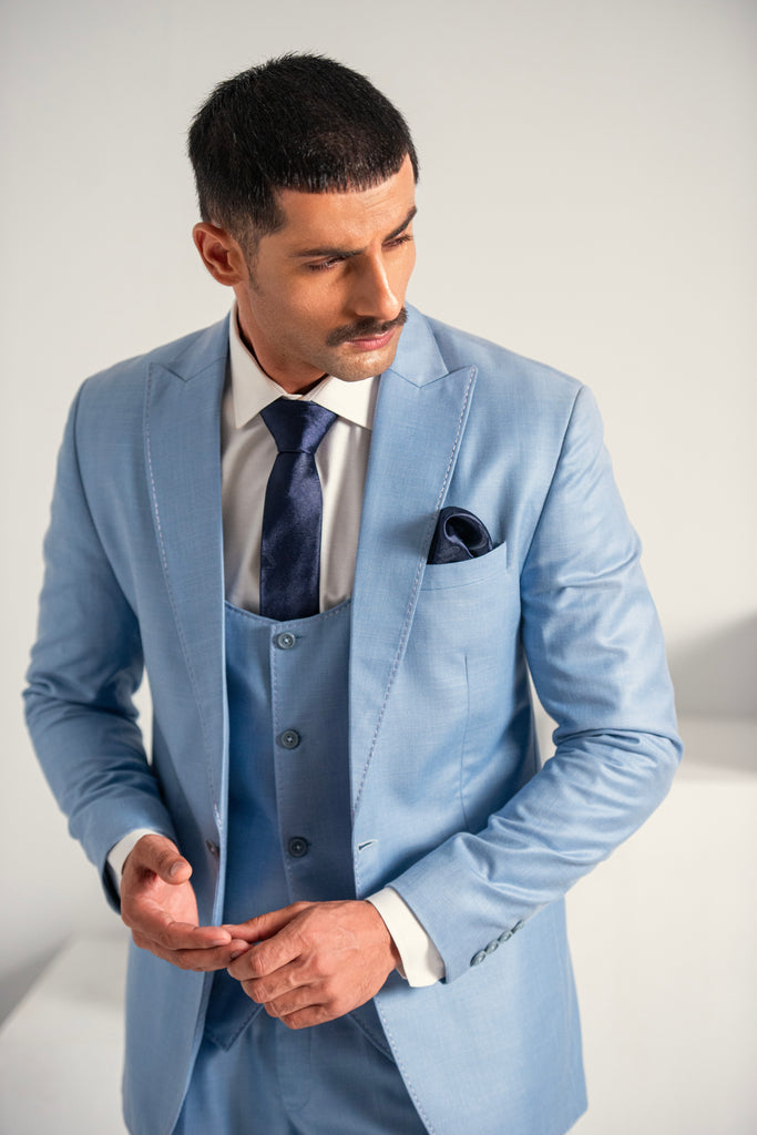 Ice Blue Elegant Coat Pant &  Waistcoat For Men's