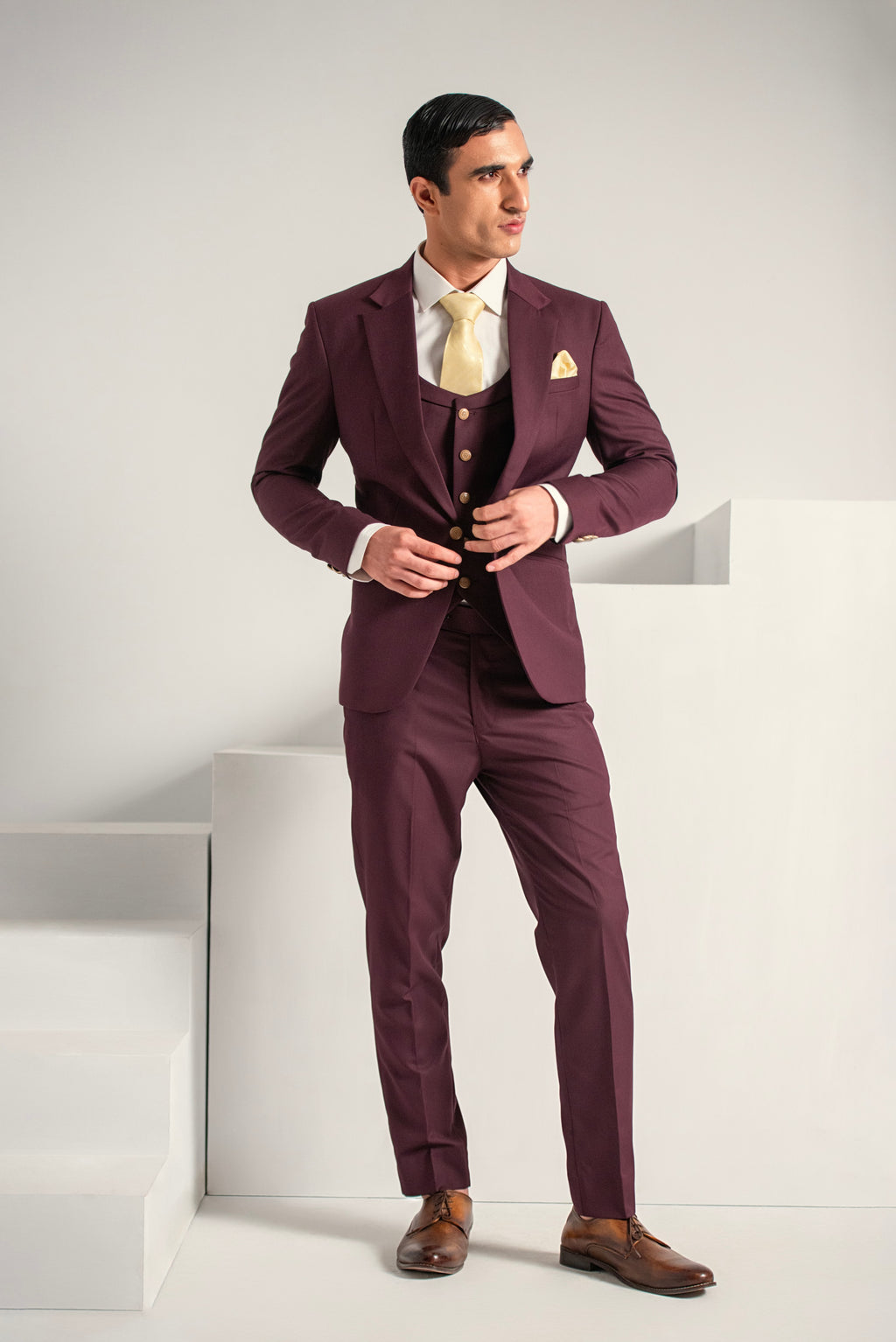 Burgundy Elegant Coat Pant &  Waistcoat For Men's
