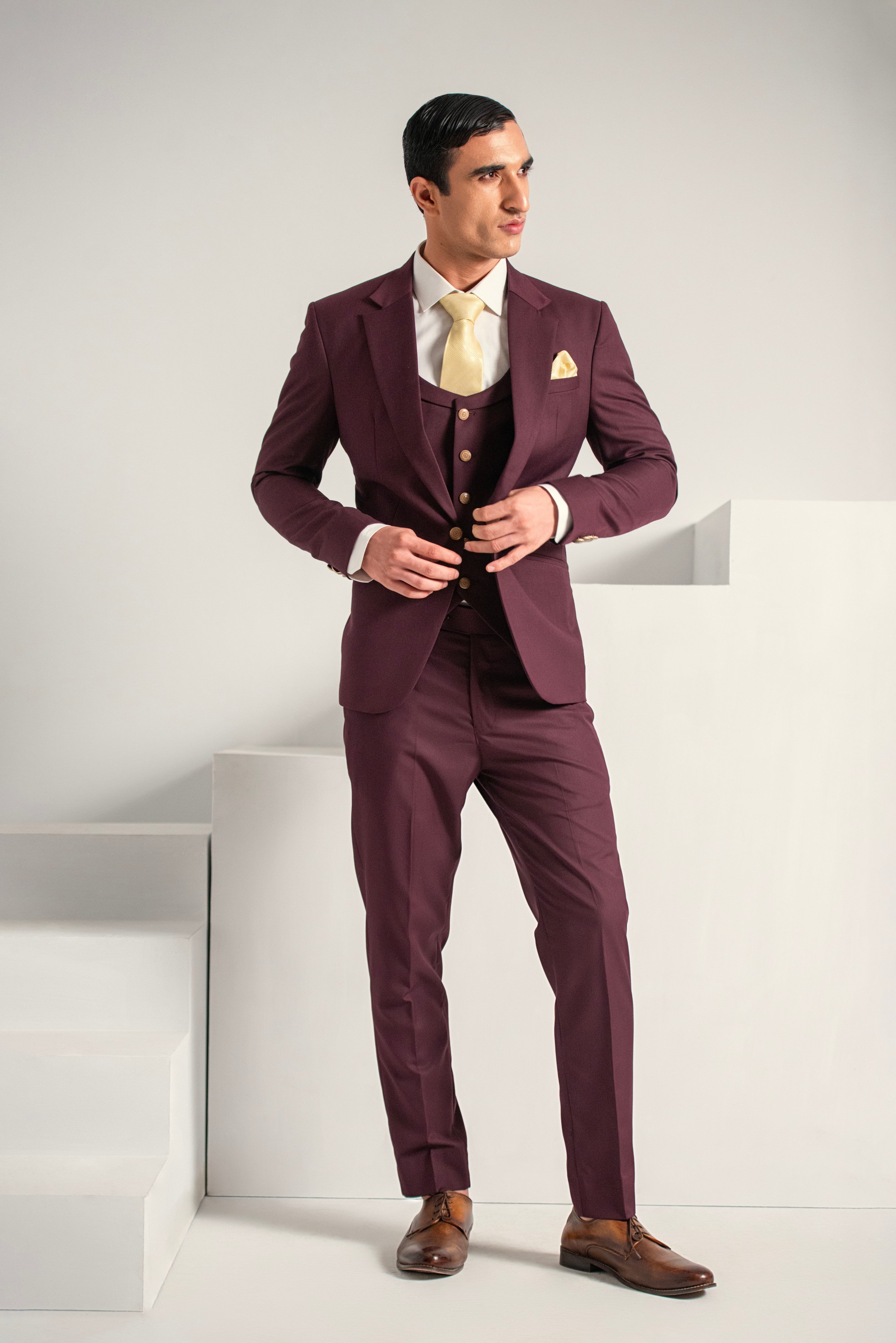 Burgundy Elegant Coat Pant &  Waistcoat For Men's