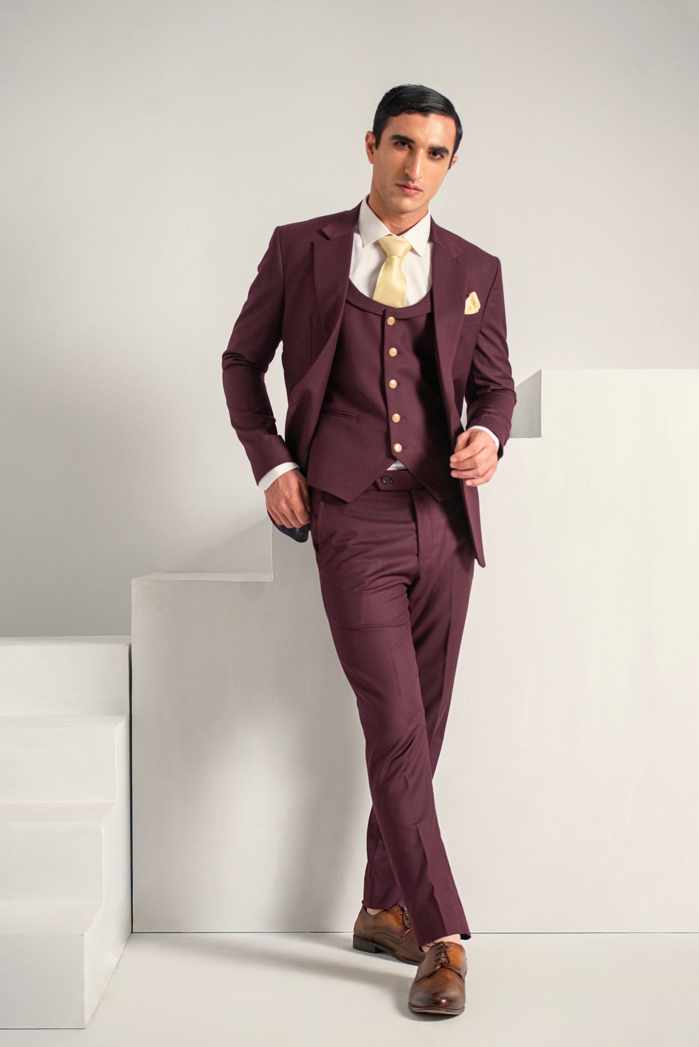 Burgundy Elegant Coat Pant &  Waistcoat For Men's Main image