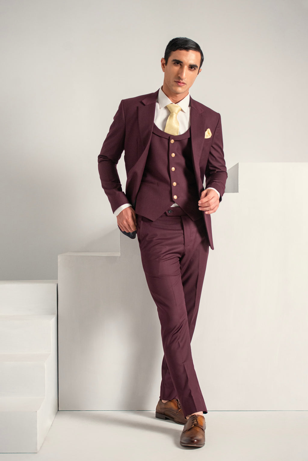 Burgundy Elegant Coat Pant &  Waistcoat For Men's