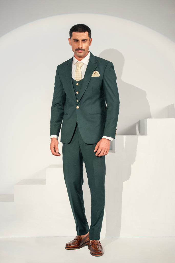 Green Elegant Coat Pant &  Waistcoat For Men's