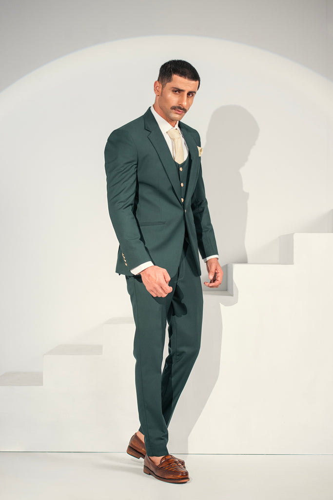 Green Elegant Coat Pant &  Waistcoat For Men's