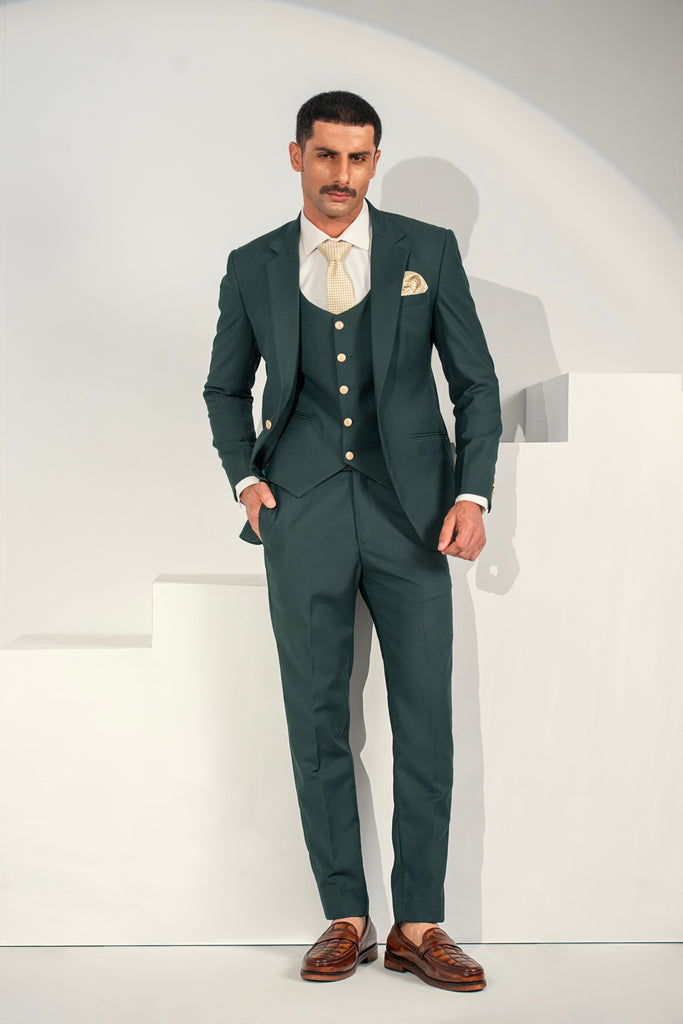 Green Elegant Coat Pant &  Waistcoat For Men's