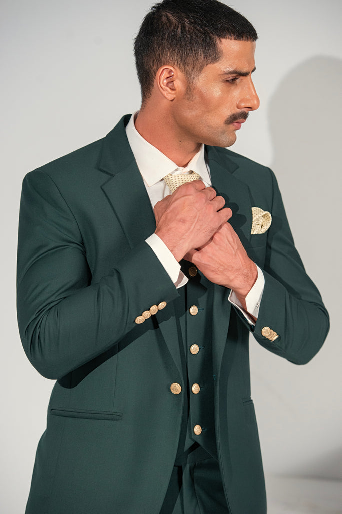 Green Elegant Coat Pant &  Waistcoat For Men's
