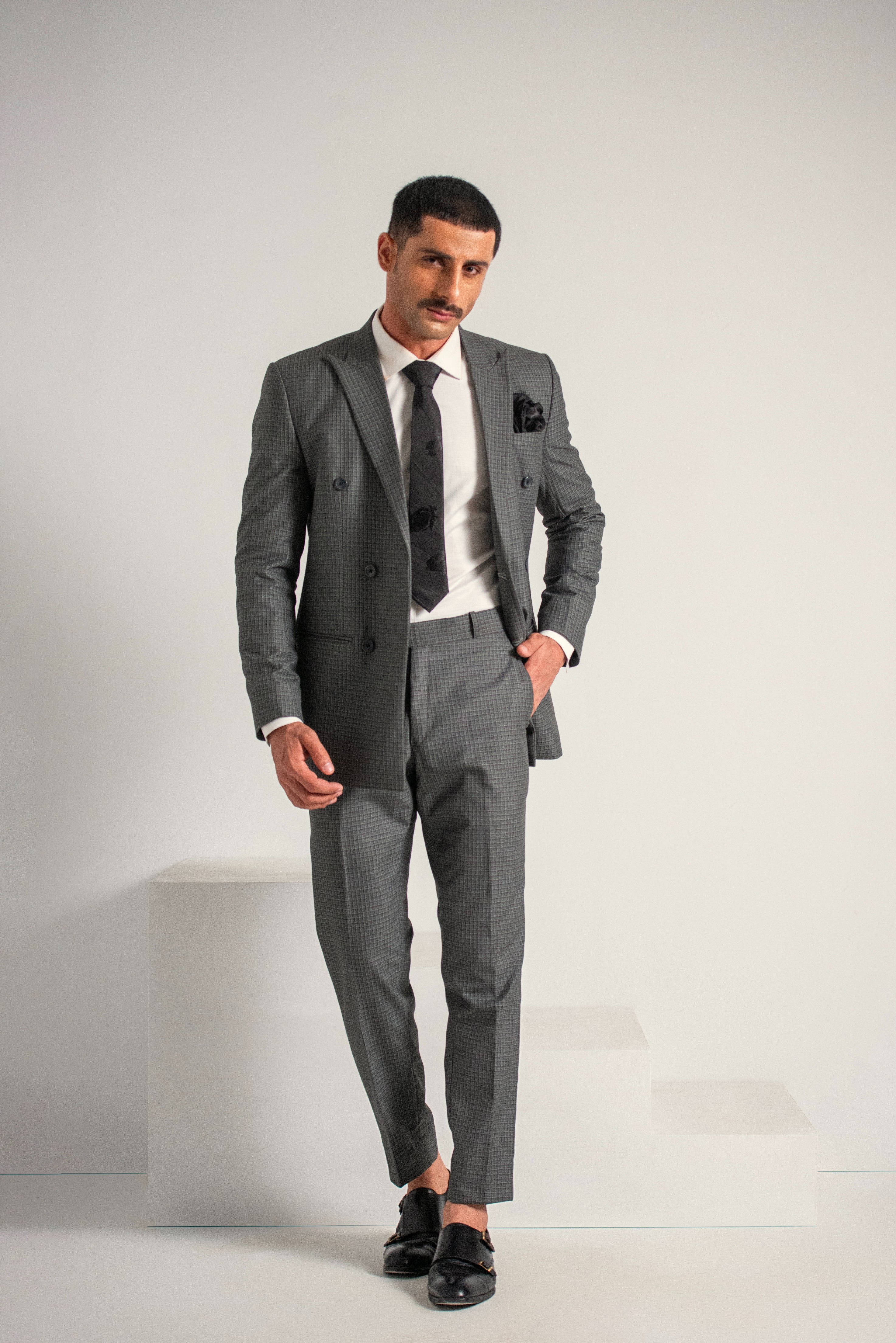 Grey Elegant Double Breasted Coat Pant For Men's