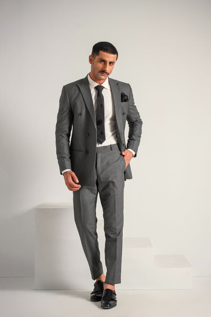 Grey Elegant Double Breasted Coat Pant For Men's