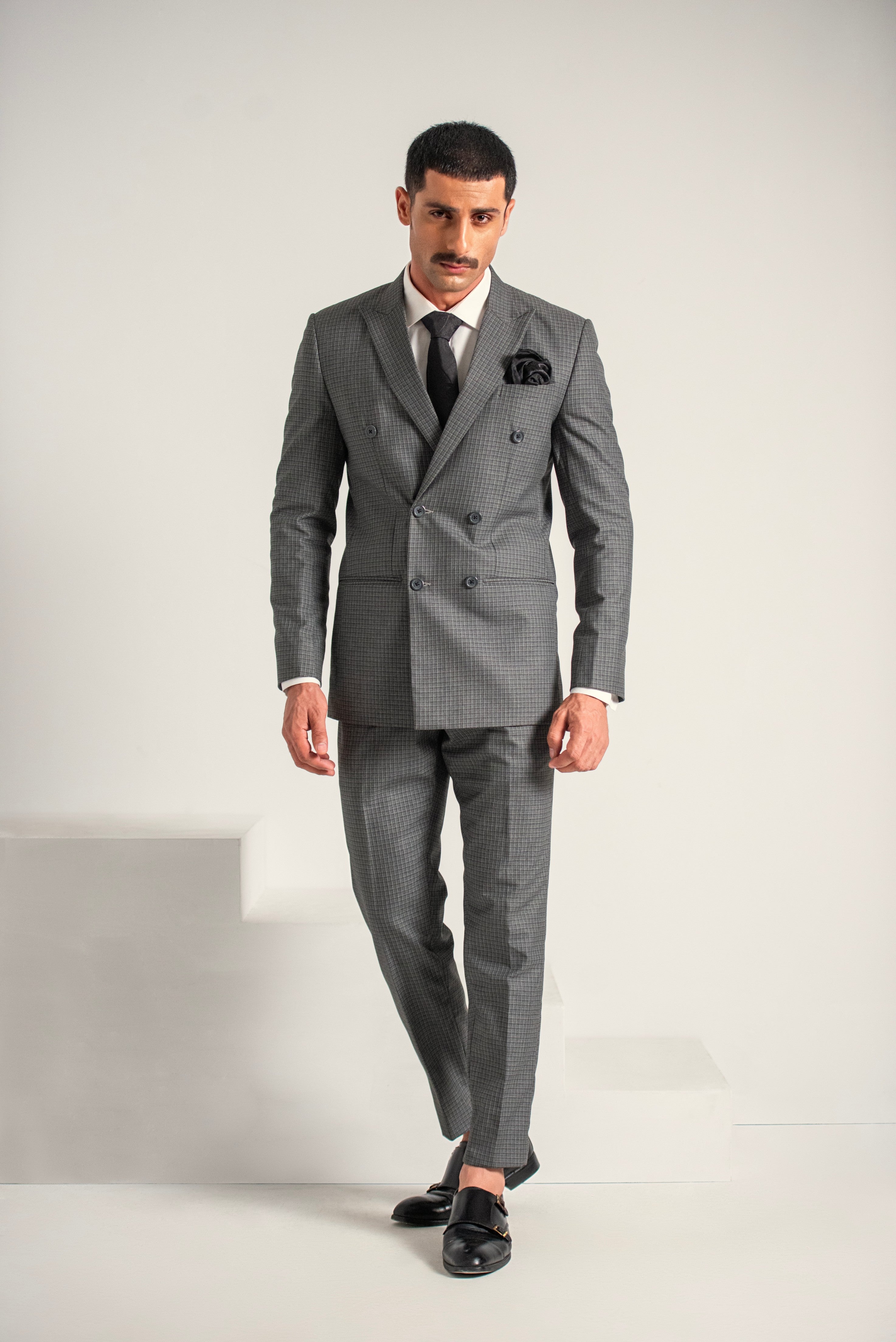 Grey Elegant Double Breasted Coat Pant For Men's Main image