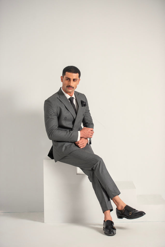 Grey Elegant Double Breasted Coat Pant For Men's