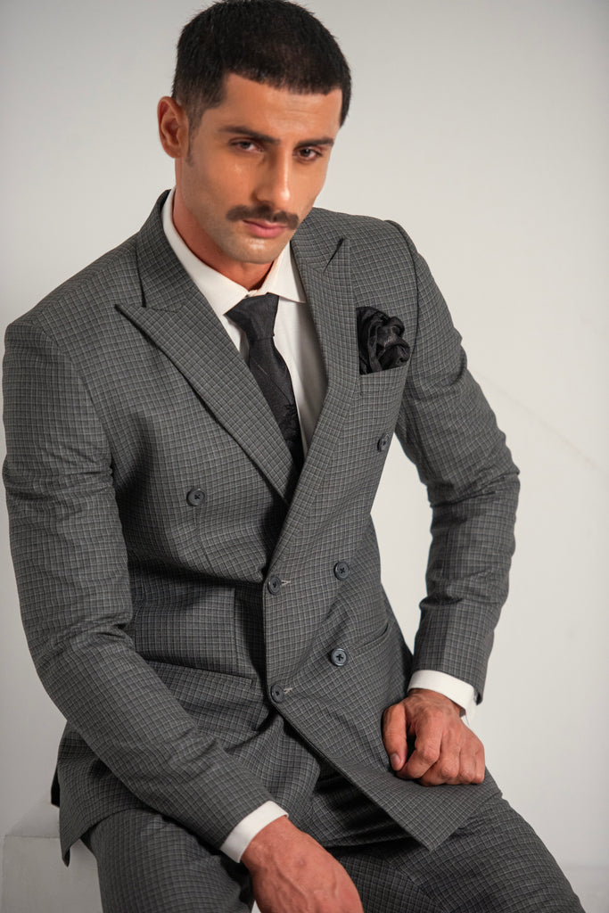 Grey Elegant Double Breasted Coat Pant For Men's