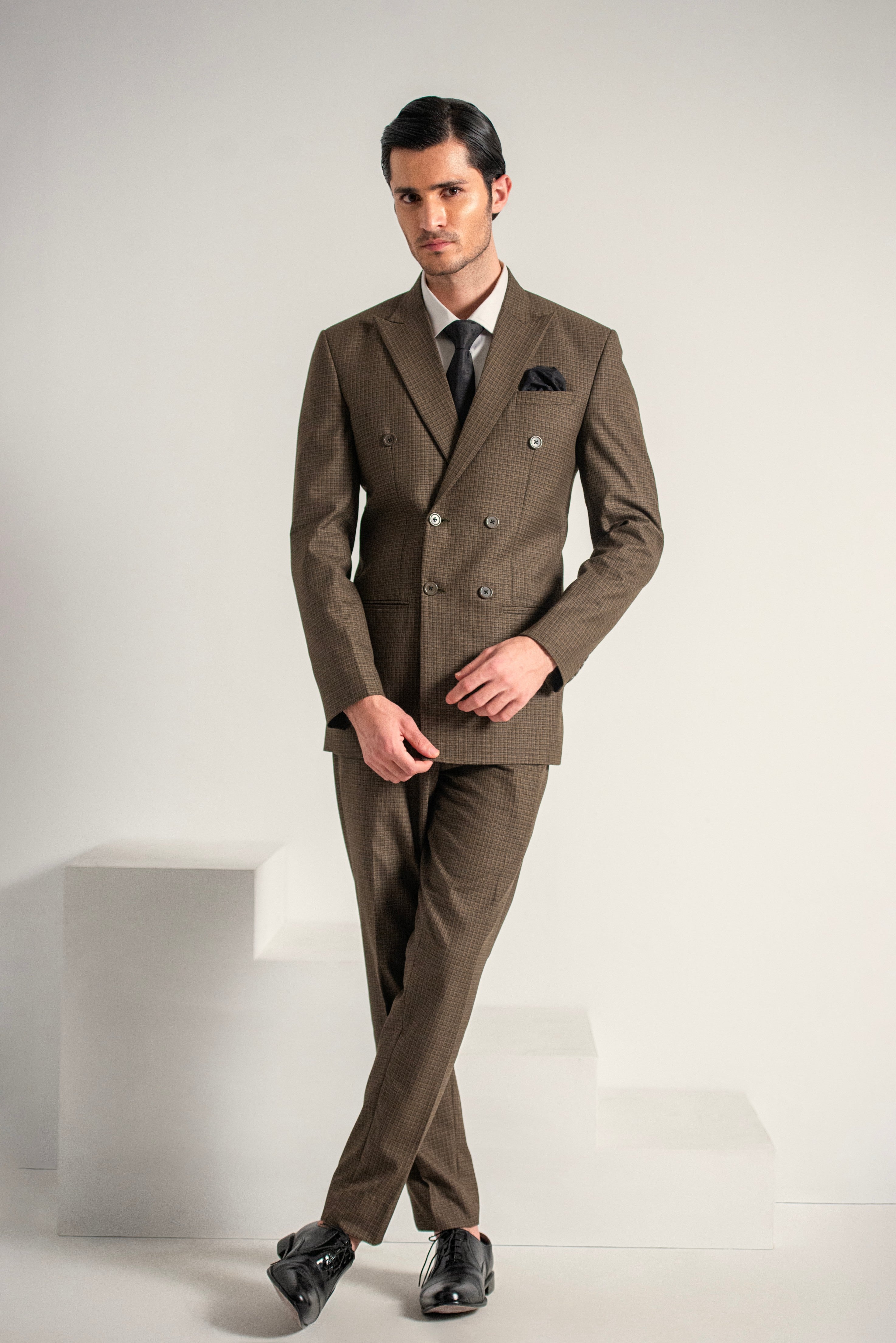 Brown Elegant Double Breasted Coat Pant For Men's Main image
