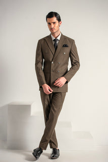 Brown Elegant Double Breasted Coat Pant For Men's