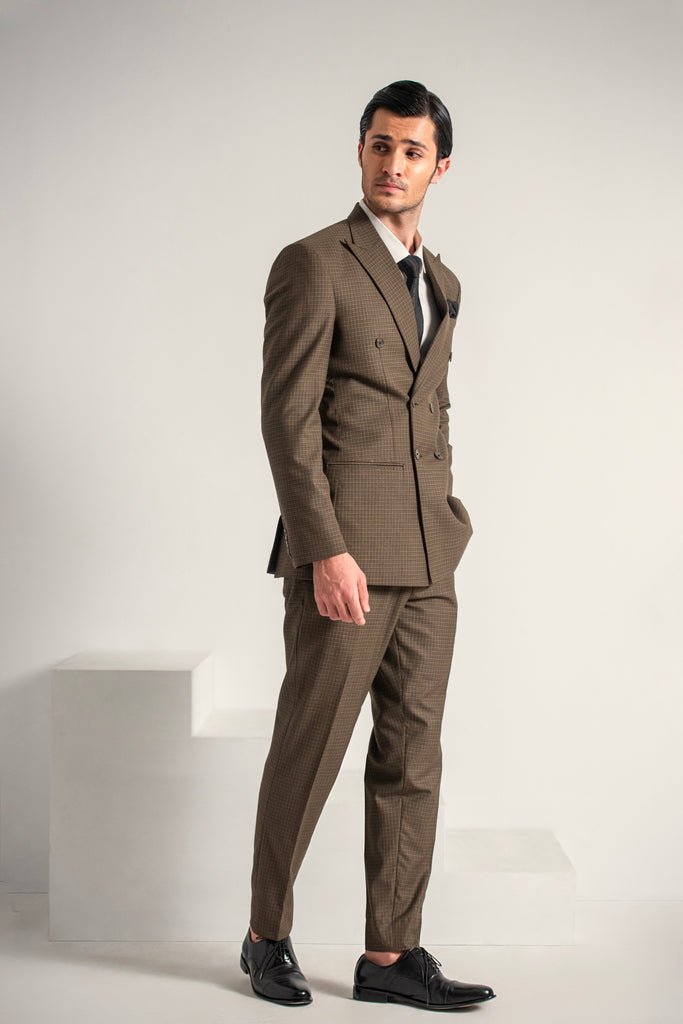 Brown Elegant Double Breasted Coat Pant For Men's