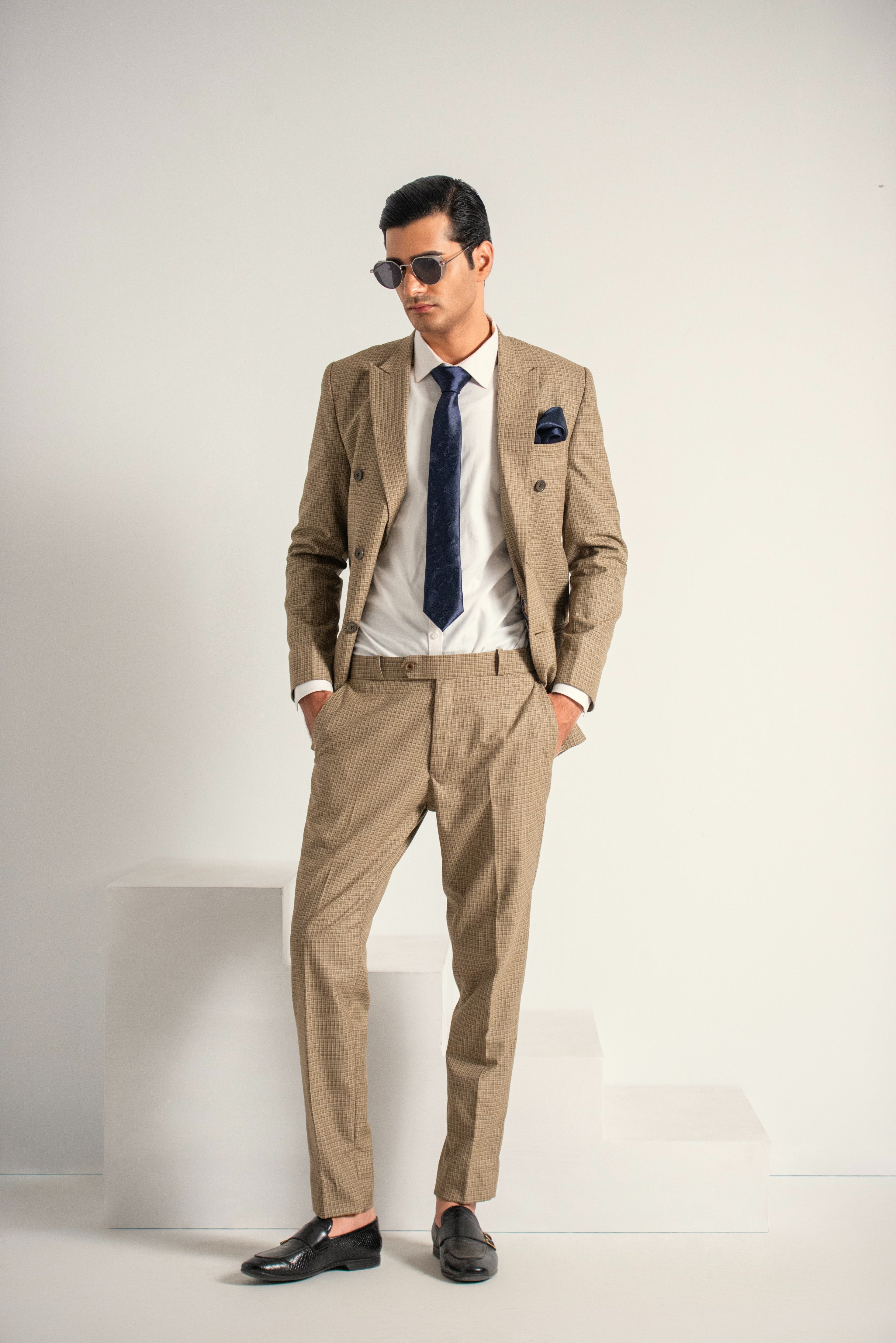 Beige Elegant Double Breasted Coat Pant For Men's Main image