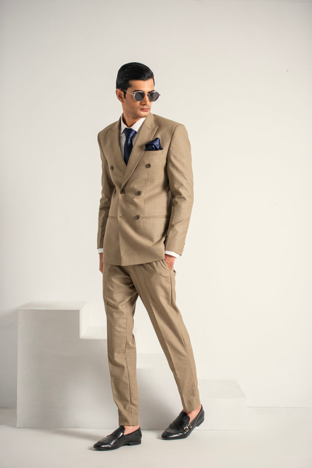 Beige Elegant Double Breasted Coat Pant For Men's