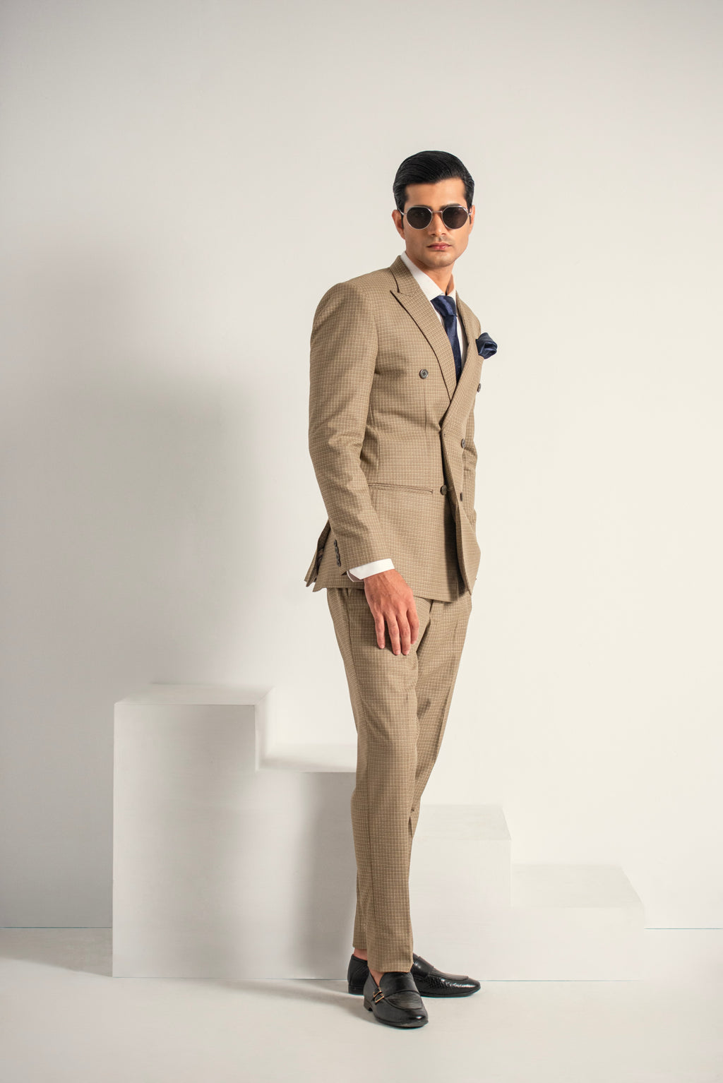 Beige Elegant Double Breasted Coat Pant For Men's