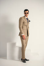 Beige Elegant Double Breasted Coat Pant For Men's