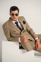 Beige Elegant Double Breasted Coat Pant For Men's