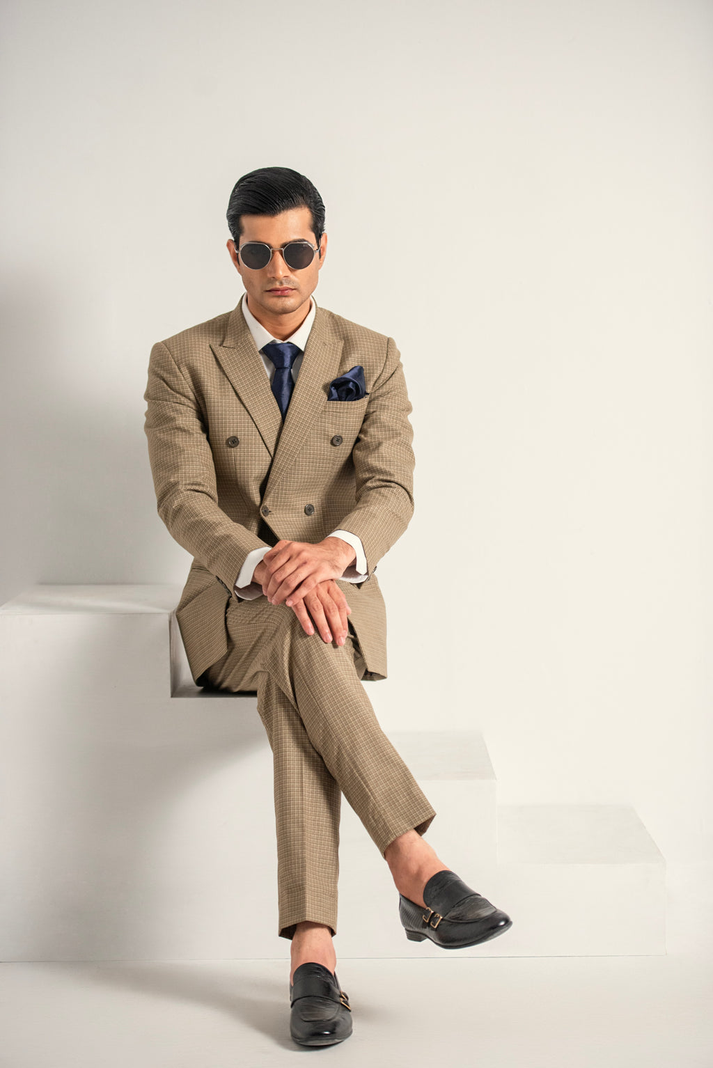 Beige Elegant Double Breasted Coat Pant For Men's