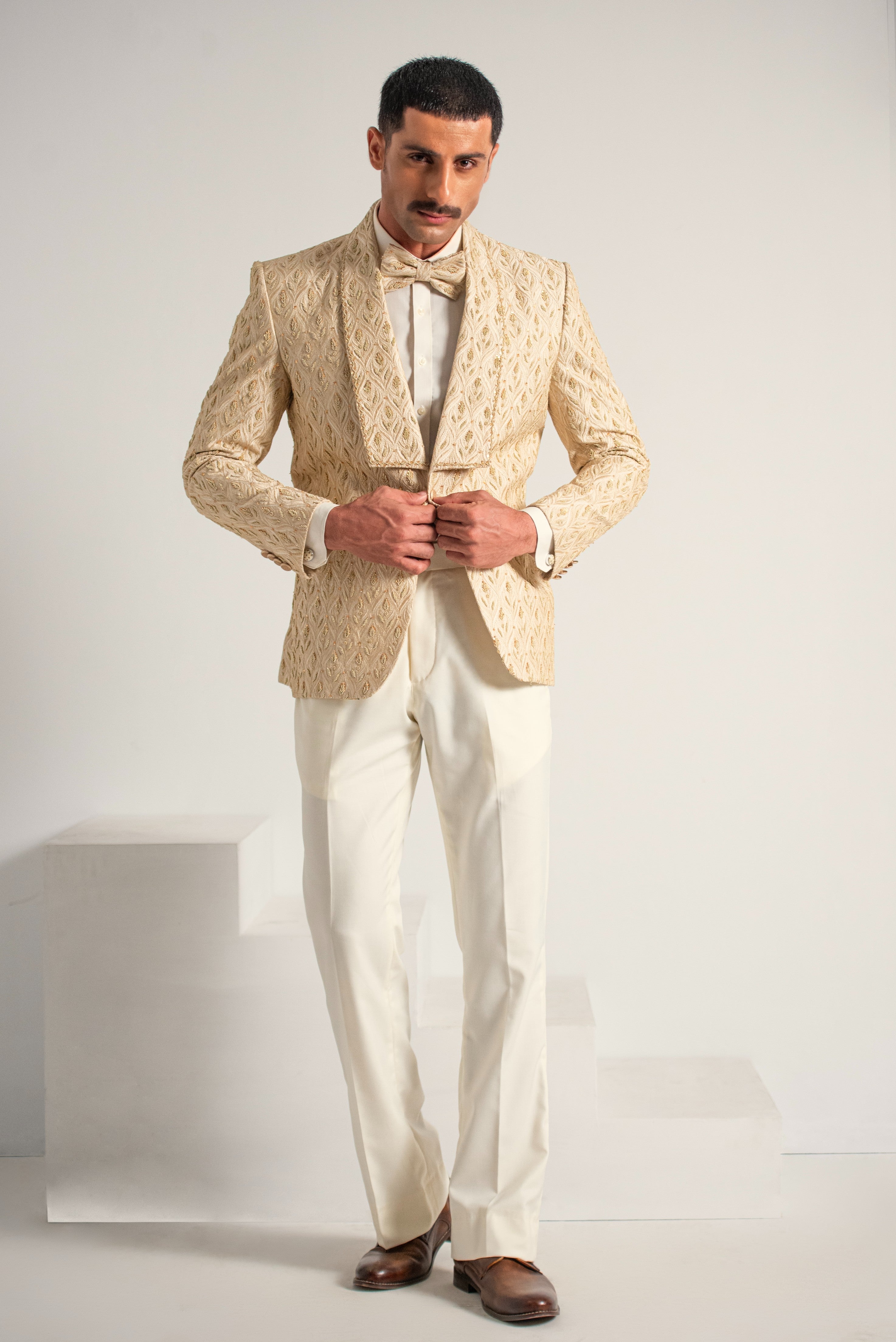 Cream Embroidery +Handwork Tuxedo Coat Pant & Waistcoat For Men's Main image