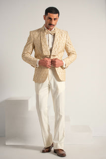 Cream Embroidery +Handwork Tuxedo Coat Pant & Waistcoat For Men's