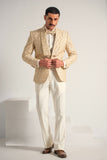 Cream Embroidery +Handwork Tuxedo Coat Pant & Waistcoat For Men's