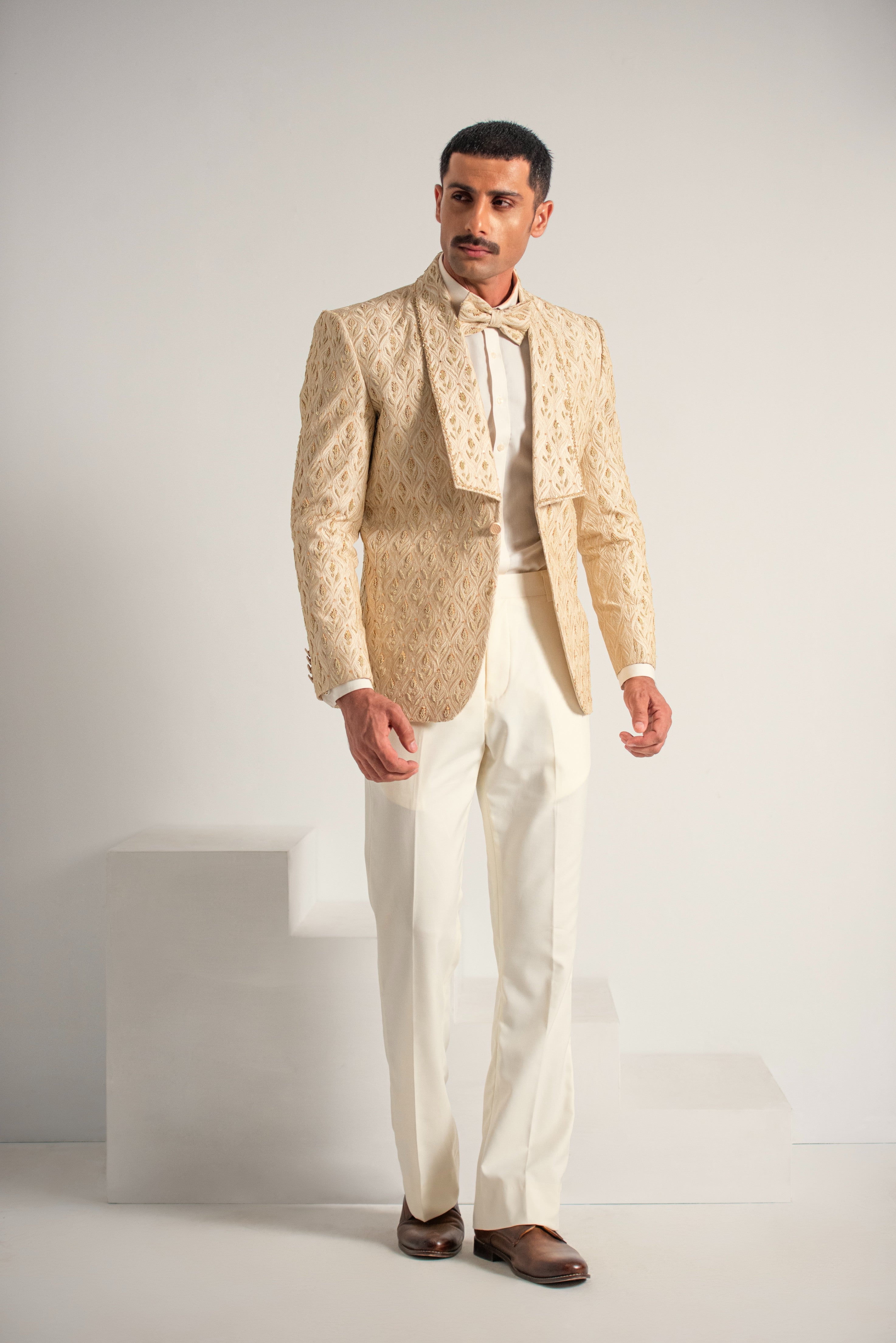 Cream Embroidery +Handwork Tuxedo Coat Pant & Waistcoat For Men's