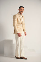 Cream Embroidery +Handwork Tuxedo Coat Pant & Waistcoat For Men's