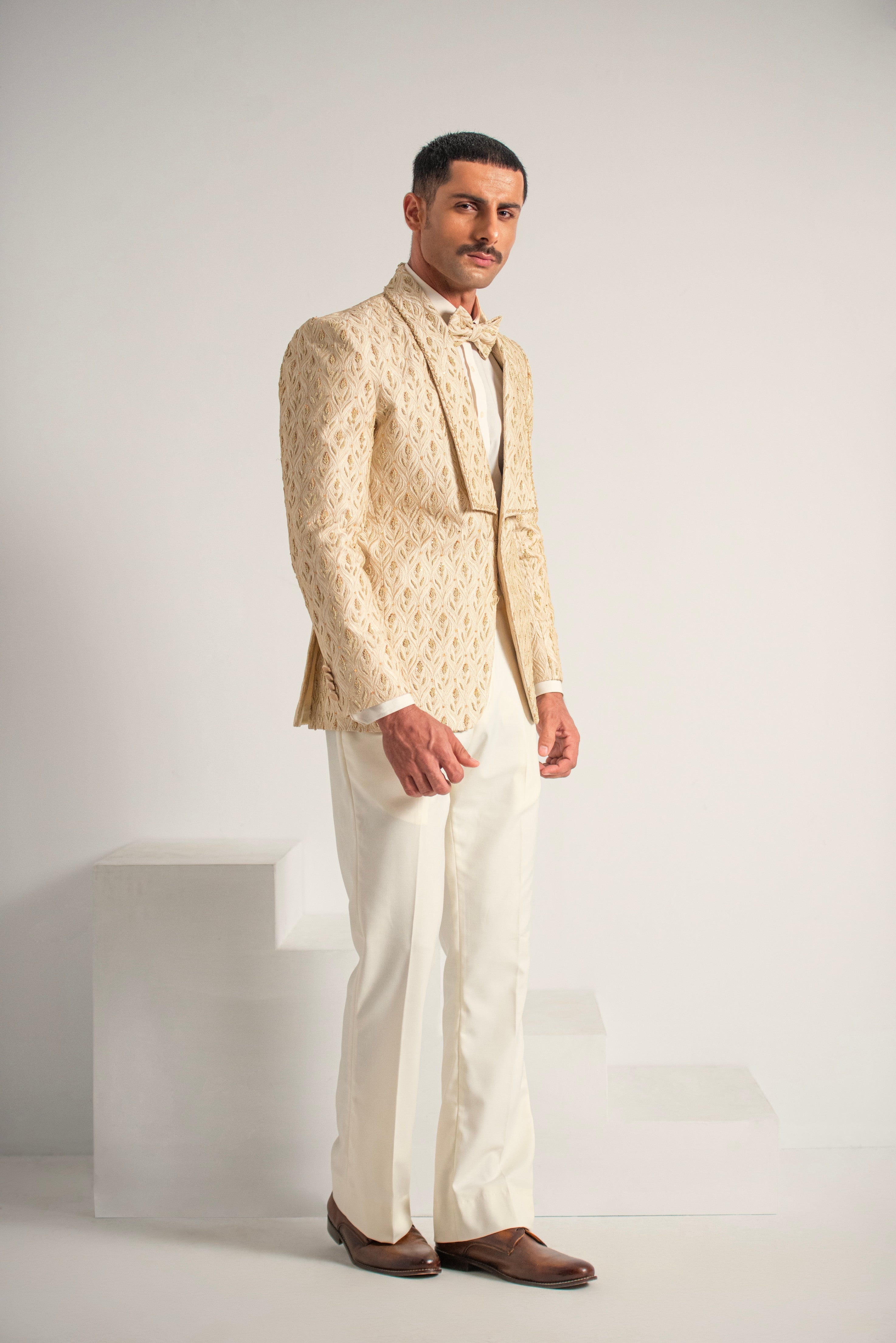 Cream Embroidery +Handwork Tuxedo Coat Pant & Waistcoat For Men's