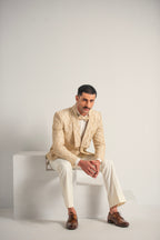 Cream Embroidery +Handwork Tuxedo Coat Pant & Waistcoat For Men's