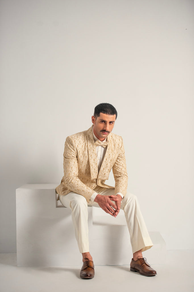 Cream Embroidery +Handwork Tuxedo Coat Pant & Waistcoat For Men's