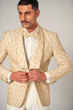 Cream Embroidery +Handwork Tuxedo Coat Pant & Waistcoat For Men's