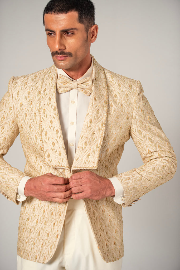 Cream Embroidery +Handwork Tuxedo Coat Pant & Waistcoat For Men's