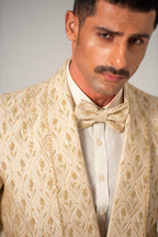 Cream Embroidery +Handwork Tuxedo Coat Pant & Waistcoat For Men's