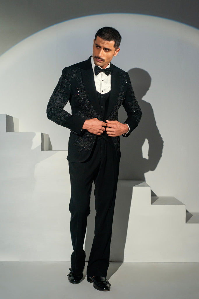 Black Georgette + handwork Tuxedo Coat Pant & Waistcoat For Men's