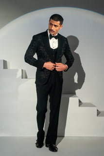 Black Georgette + handwork Tuxedo Coat Pant & Waistcoat For Men's