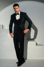 Black Georgette + handwork Tuxedo Coat Pant & Waistcoat For Men's