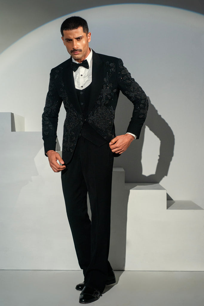 Black Georgette + handwork Tuxedo Coat Pant & Waistcoat For Men's