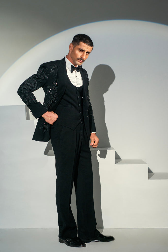 Black Georgette + handwork Tuxedo Coat Pant & Waistcoat For Men's