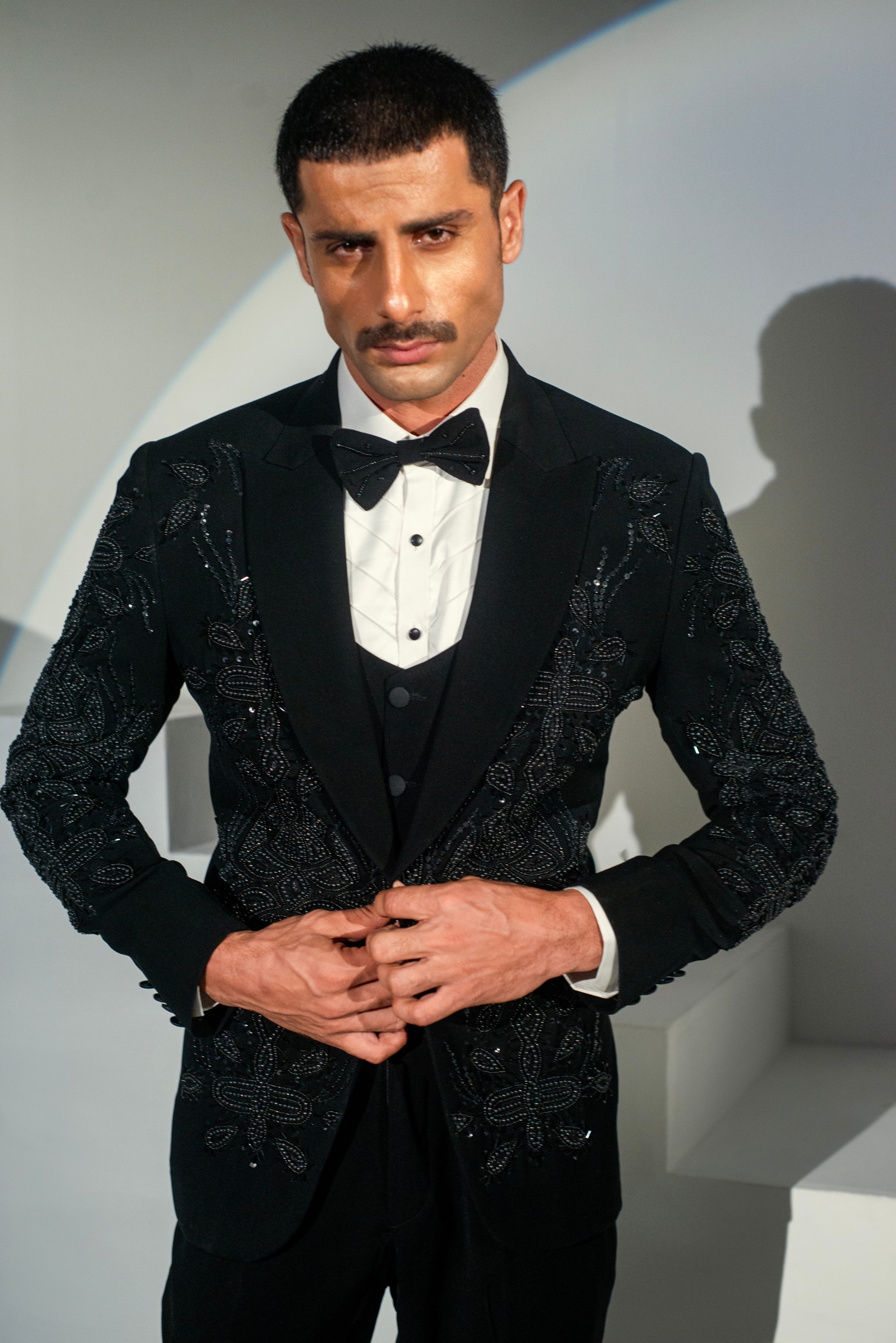 Black Georgette + handwork Tuxedo Coat Pant & Waistcoat For Men's Secondary image